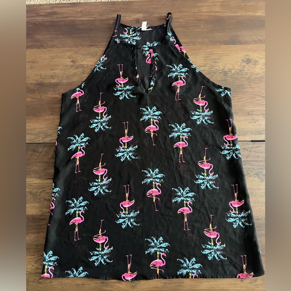 Adorable flamingo and palm leaf swim coverup. Lightweight, semi-sheer.